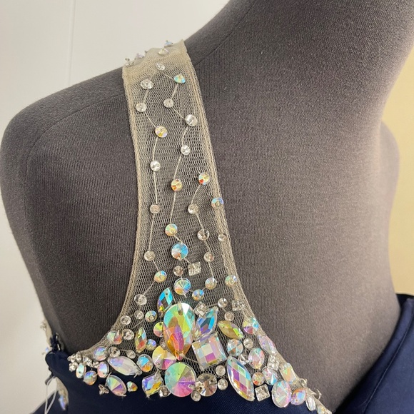 Val Stefani Prom Navy Blue One Shoulder Beaded Mesh Cutout Gown Size 6 Formal - Picture 12 of 13